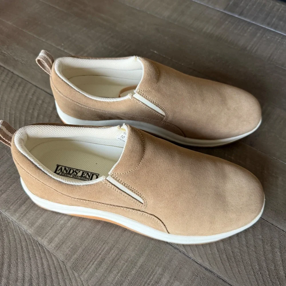 Lands End Womens Tan Suede Slip On Loafers Size 10 M Comfort Walking Shoes